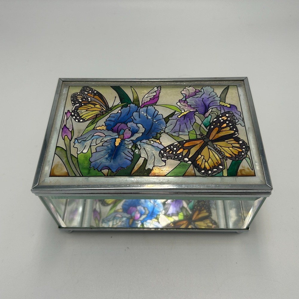 Stained Glass Mirrored Butterfly Iris Flower Floral Mariposa Jewelry Trinket Box